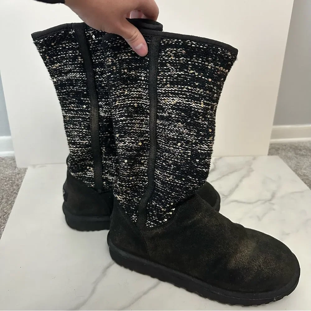 UGG Australia Black And White Camaya Knit Sequin Embellished Suede Boots Size 8